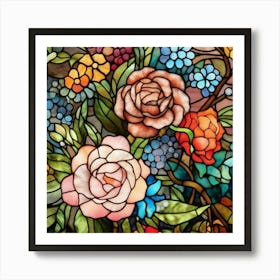 Floral Stained Glass, Stained Glass Window.Stained Glass Roses Art Print