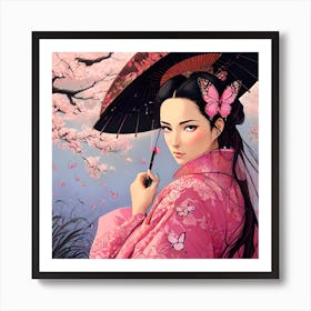 Asian Girl With Umbrella Art Print