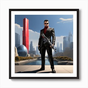 The Image Depicts A Man In A Black Suit And Helmet Standing In Front Of A Large, Modern Cityscape 2 Art Print