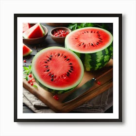 Watermelon On Wooden Cutting Board Art Print