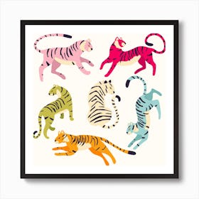 Colorful Tigers On White Square Art Print