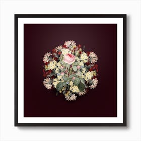 Vintage Double Moss Rose Flower Wreath on Wine Red n.2651 Art Print