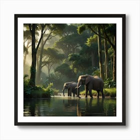 A Family Of Elephants Drinking From A Tranquil River In The Heart Of A Lush Jungle, With Tall Trees And Greenery Framing The Scene Art Print