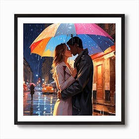 Kissing Couple In The Rain 2 Art Print