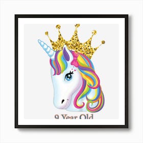 Kids Kids 9 Year Old 9nd Birthday Girls Unicorn Face Art Print