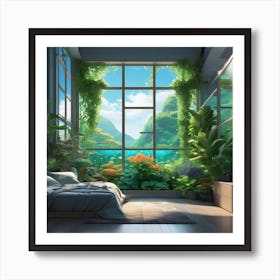 Anime Bedroom Full Of Plants With Giant Window Looking Out Underwater 2 Art Print