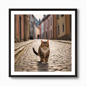 A Cat Walks On Its Hind Legs Down A Cobblestone Street Lined With Buildings 2 Art Print