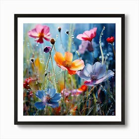 Watercolor Field Of Wild Flowers Many Colours Landscape Art Print