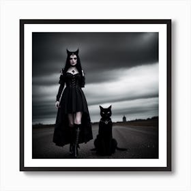 Gothic Girl With Cat Art Print