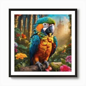 Colorful Parrot Painting, Summer exotic floral, Tropical Bird, Landscape Art Print