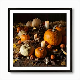 Pumpkins On A Wooden Table Art Print