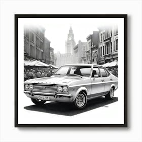 A Black And White Pencil Sketch Of A Ford Cortina 1976 4 Art Print