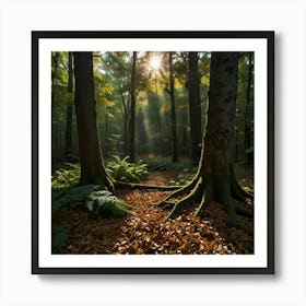 A Dense Forest With Sunlight Filtering Through The Canopy And A Carpet Of Fallen Leaves Art Print