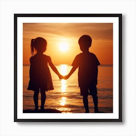 Children Holding Hands At Sunset Art Print