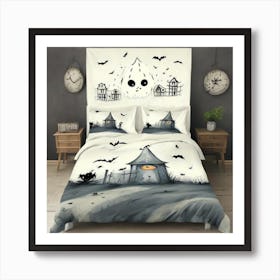 Haunted House Cute Bedsheet Ghosts, Countryside Vintage Style, Halloween Spooky Art Print Art Print