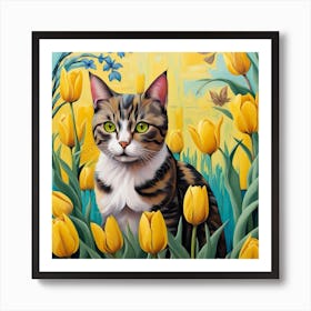 Cat In Tulips 1 Art Print