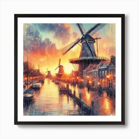 Sketching Amsterdam S Windmills At Sunset, Capturing The Essence Of Dutch Life Style Windmill Sunset Impressionism (2) Art Print