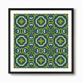 Retro Tile Cross Pattern In Olive And Teal Art Print