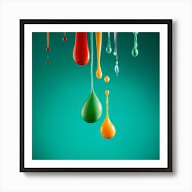 Multicolored Drops In Mid Air Captured In High Definition And Floating Against A Turquoise Backdrop Art Print