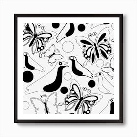 Butterflies Birds Seamless Pattern Black Version Art Print