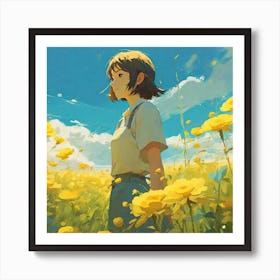 Girl In A Field Of Yellow Flowers Art Print