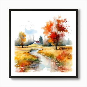 Watercolor Autumn Landscape Watercolor Painting 6 Art Print