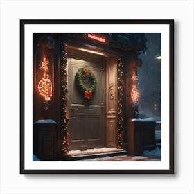 Christmas Decoration On Home Door Sharp Focus Emitting Diodes Smoke Artillery Sparks Racks Sy (3) Art Print