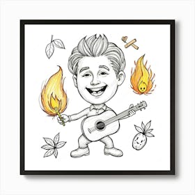 Caricature Of A Boy Playing Guitar Art Print