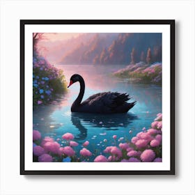 Black Swan in a forest lake with pink flowers at sunset Art Print