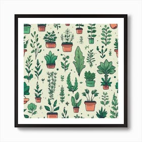 Seamless Pattern Of Potted Plants Art Print