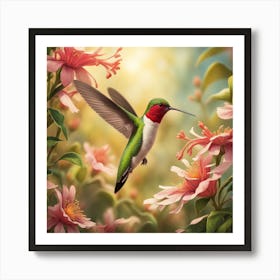 Enchanting Image Of A Ruby Throated Hummingbird Wings Aflutter Drawing Sweet Nectar From An Array Art Print