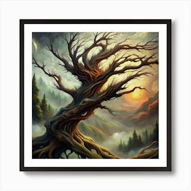 A Twisted, Bare Tree In A Misty Forest 1 Art Print