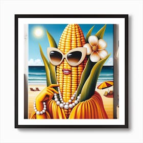 A Colorful and Realistic Painting of a Corn with Pearl Earrings and Sunglasses, Standing on a Sunny Beach Art Print