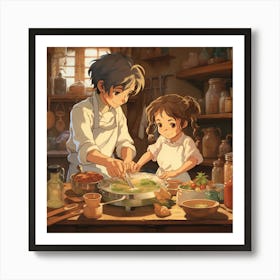 Boy And A Girl Cooking Family Kitchen Anime Illustration Art Print