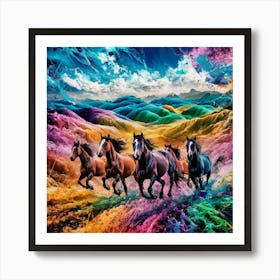 Horses Galloping Through Breathtaking landscape Fusion Of Abstract Color Splash Art Print Art Print