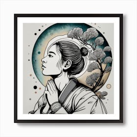 Asian Woman Praying, line art, ink art Art Print