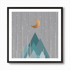 Moon And Mountains Mint Green Square Art Print
