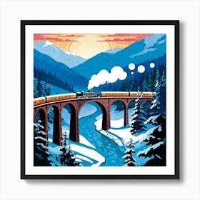 Vintage Travel Poster Cutout Steam Train Crossing A Curved Viaduct Over A Twilight Lit Valley Flan 2 Art Print