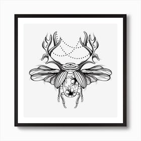 Decorative Beetle With Flowers Black And White Art Print