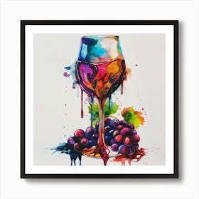 Vibrant Watercolor Painting Of A Wine Glass Filled With Wine Dripping Art Print