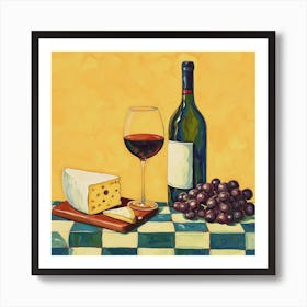 Cheese & Wine Yellow Checkerboard 3 Art Print