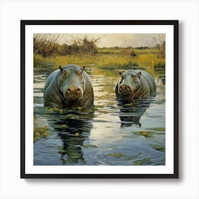 Two Hippos In The Water Poster