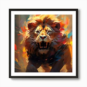 Abstract Expressionism Mean Male Lion Black Main Big Male Lion Charging At Camera Art Print