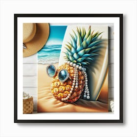 Beach Vibes Meets Pearl Earrings: A Bright and Realistic Painting of a Pineapple with a Straw Hat on a Surfboard Art Print