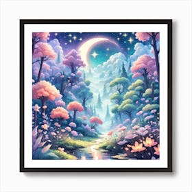 A Fantasy Forest With Twinkling Stars In Pastel Tone Square Composition 328 Art Print