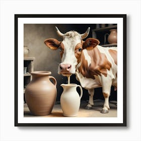 Cow Drinking From Jug Art Print