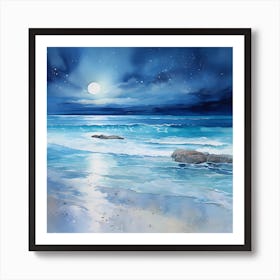 Serenade of the Night: Impressionistic Moonlit Beach Art Print