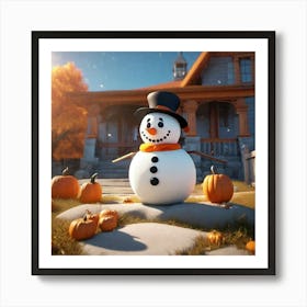 Snowman with the pumpkins  Art Print