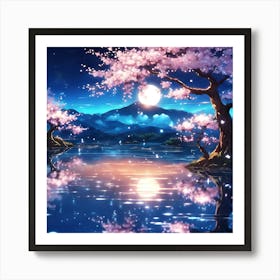 Warm Moonlight on the Cherry Blossom Lake Art Print
