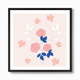 Pink Flowers And Geometrics Square Art Print